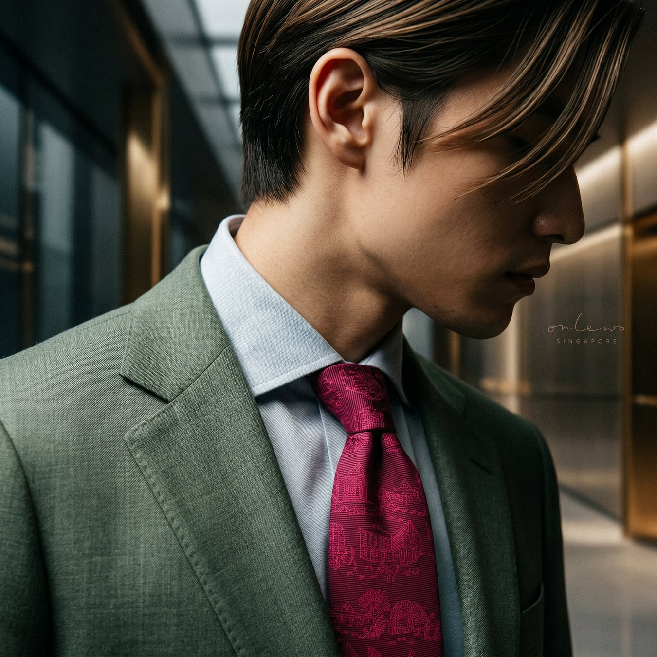 Onlewo 'City in the Garden' silk tie styled — elegant tropical Singapore cityscape on 100% silk, 7cm width, designed by Mike Tay