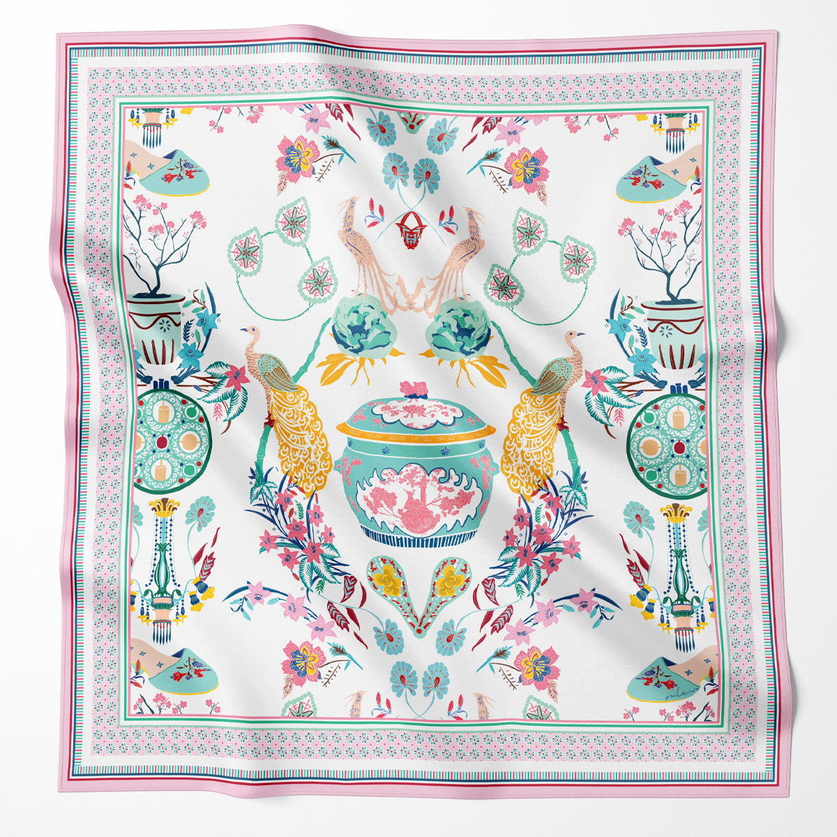 Onlewo 'Peranakan Story' 90cm mulberry silk scarf — Kamcheng, Kasut Manek and peacock motifs reimagined from Singapore Peranakan Museum archives, Singapore-designed gift