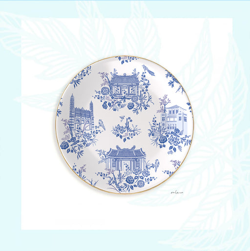 Onlewo 'Our Singapore Dream' fine bone china plate — 18cm with 24k gold rim, classic blue and white design featuring Telok Ayer heritage buildings, Singapore-designed gift