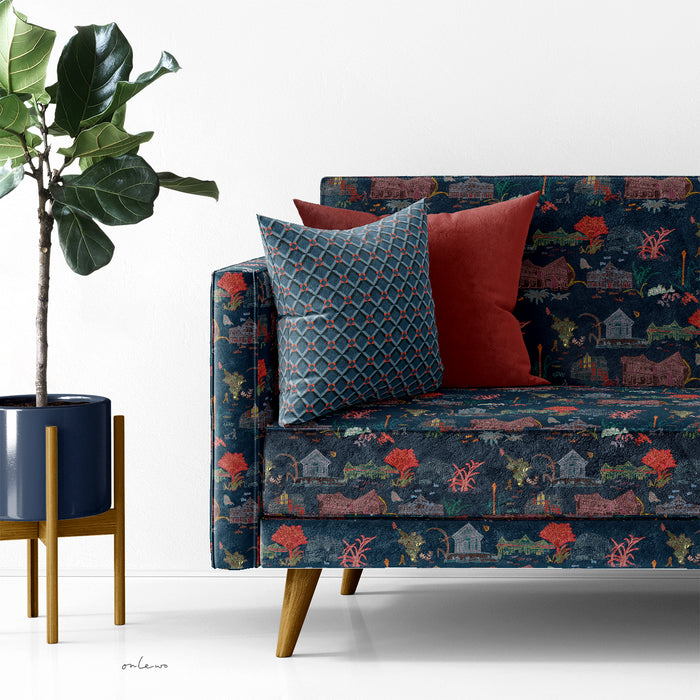 'CITY IN THE GARDEN / VINTAGE STAR TILE' Velvet Upholstery Fabric