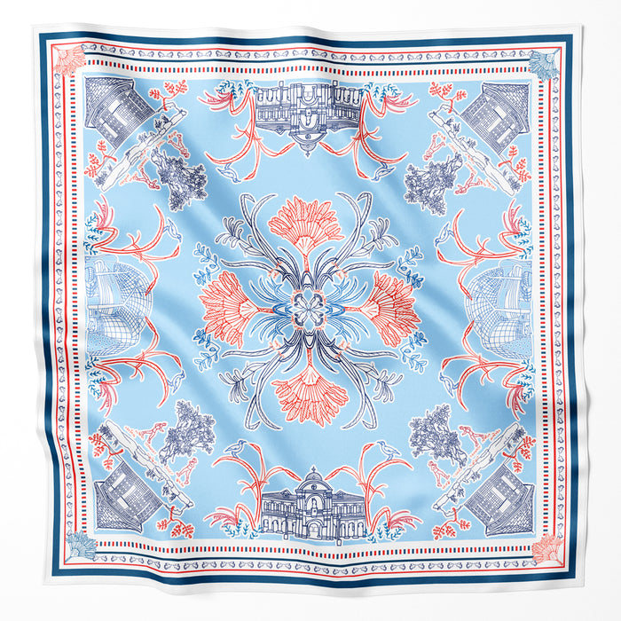 Onlewo 'City in the Garden' 90cm mulberry silk scarf — Singapore Botanic Gardens, ION Orchard and Orchard Road landmarks celebrating Singapore as a garden city