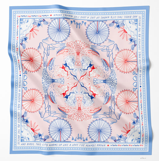 Onlewo 'Downtown' 90cm mulberry silk scarf — iconic Singapore Downtown landmarks including National Gallery, Gardens by the Bay and Marina Bay skyline