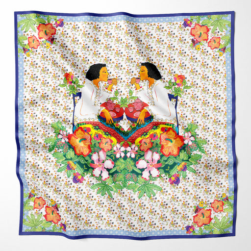 Onlewo 'Glorious Nyonya' 90cm mulberry silk scarf — elegantly dressed Peranakan ladies in hibiscus garden, collaboration with Singapore artist Martin Loh