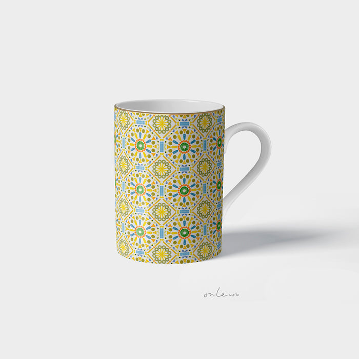 Onlewo 'Kueh Tile' fine bone china mug — colourful traditional Singapore kueh pattern with 24k gold rim, Singapore-designed cultural gift