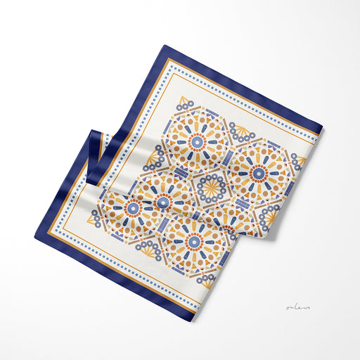 Onlewo 'Kueh Tile' silk pocket square styled — colourful local kueh motifs on 100% silk, 33cm x 33cm, designed in Singapore by Onlewo