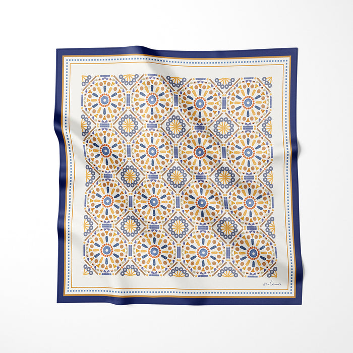 Onlewo 'Kueh Tile' 100% silk pocket square — kaleidoscopic Singapore kueh pattern with kueh tutu, pineapple tart and ondeh-ondeh, Singapore-designed gift