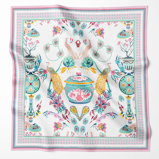Onlewo 'Peranakan Story' 90cm mulberry silk scarf — Kamcheng, Kasut Manek and peacock motifs reimagined from Singapore Peranakan Museum archives, Singapore-designed gift