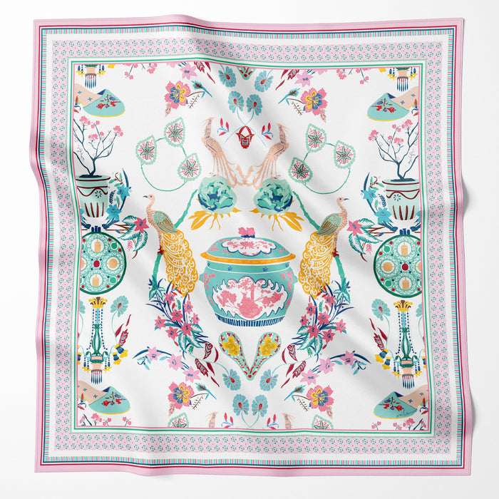 Onlewo 'Peranakan Story' 90cm mulberry silk scarf — Kamcheng, Kasut Manek and peacock motifs reimagined from Singapore Peranakan Museum archives, Singapore-designed gift