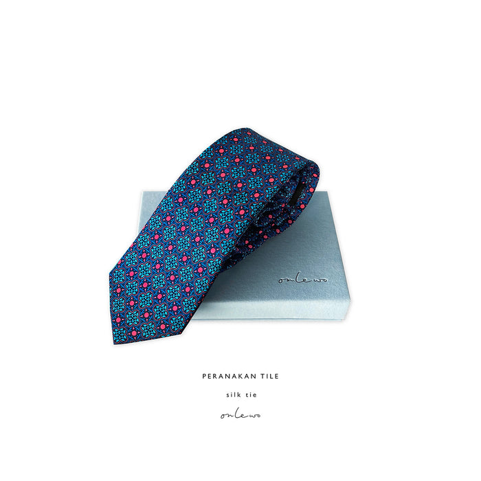 Onlewo 'Peranakan Tile' 100% silk tie — handmade Peranakan shophouse tile motifs from Emerald Hill, Katong and Chinatown, Singapore heritage gift for men
