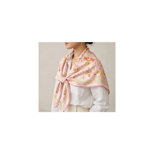 Onlewo 'Singapore - A City in Nature' silk scarf styled — Black-capped Kingfisher, Peacock Pansy Butterfly, Vanda Miss Joaquim and lotus design by Onlewo