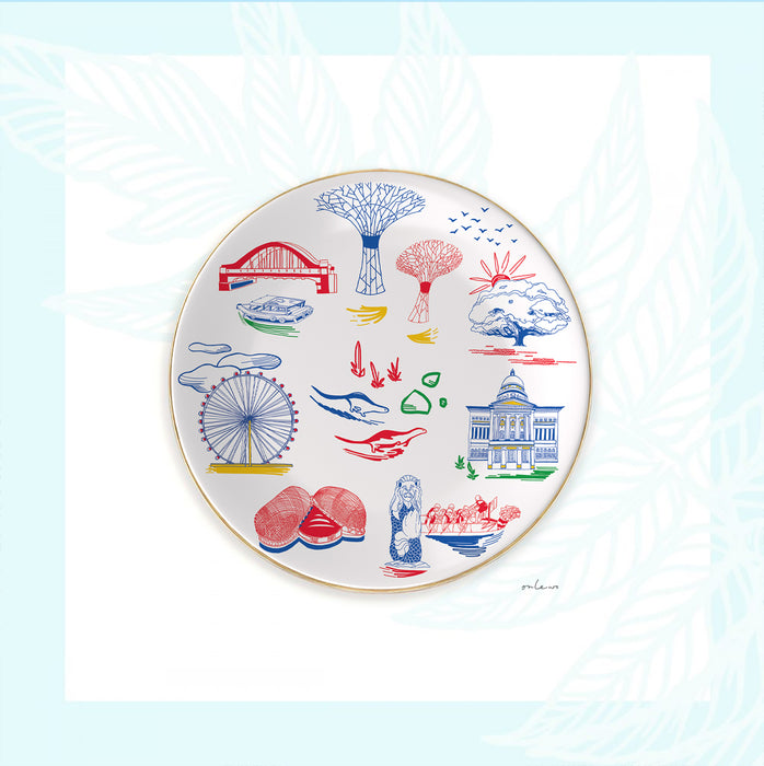 Onlewo 'Singapore Downtown' fine bone china plate — 18cm with 24k gold rim, featuring National Gallery, Gardens by the Bay and Marina Bay skyline, Singapore-designed gift