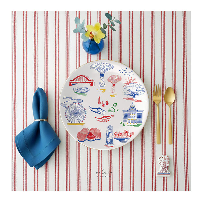 Onlewo 'Singapore Downtown' bone china plate displayed on clear acrylic stand — downtown Singapore landmarks design, Singapore-designed corporate gift
