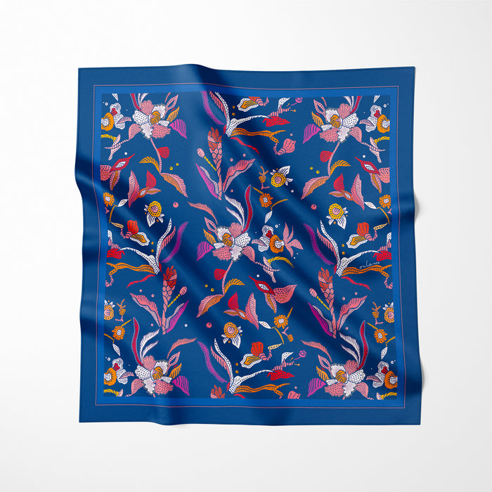 Onlewo 'Singapore Orchid Batik' 100% silk pocket square — rhythmic orchid batik pattern inspired by ancient Batik textile tradition, Singapore heritage gift