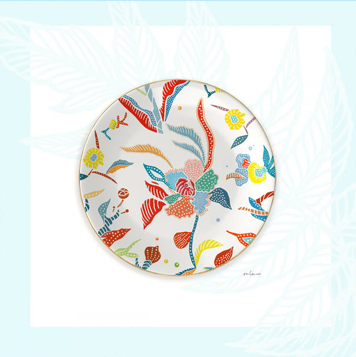 Onlewo 'Orchid Batik' fine bone china plate — 18cm with 24k gold rim, rhythmic orchid and batik-inspired pattern in warm tones, Singapore-designed gift