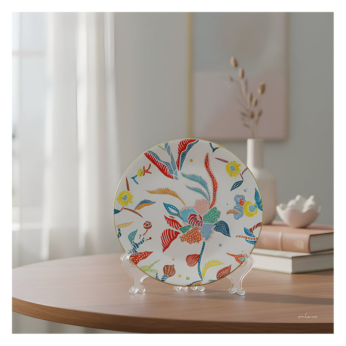 Onlewo 'Orchid Batik' fine bone china plate — 18cm with 24k gold rim, rhythmic orchid and batik-inspired pattern in warm tones, Singapore-designed gift