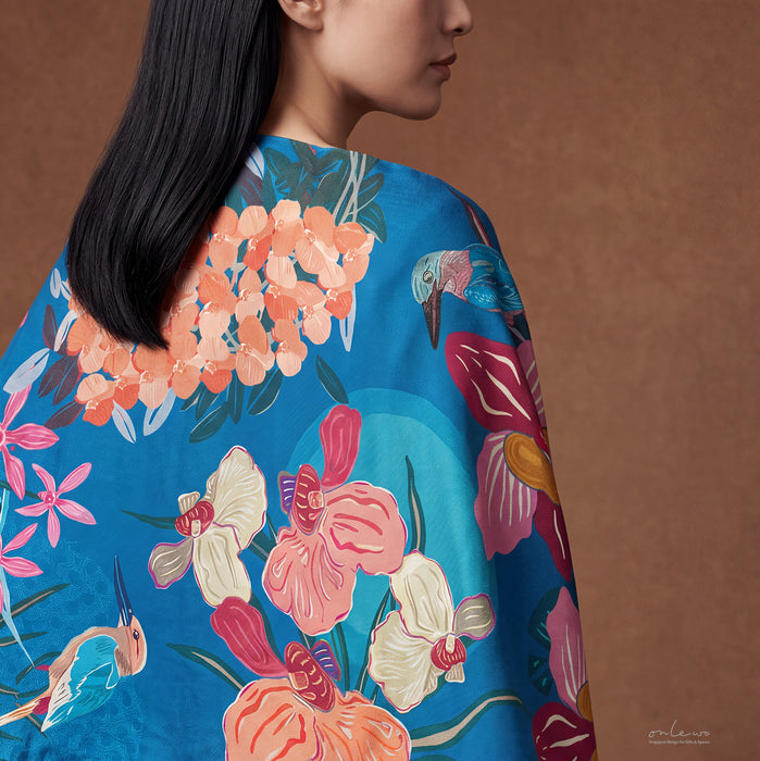 'Singapore Orchid Grace' Silk Wool Shawl (DOUBLE-SIDED)